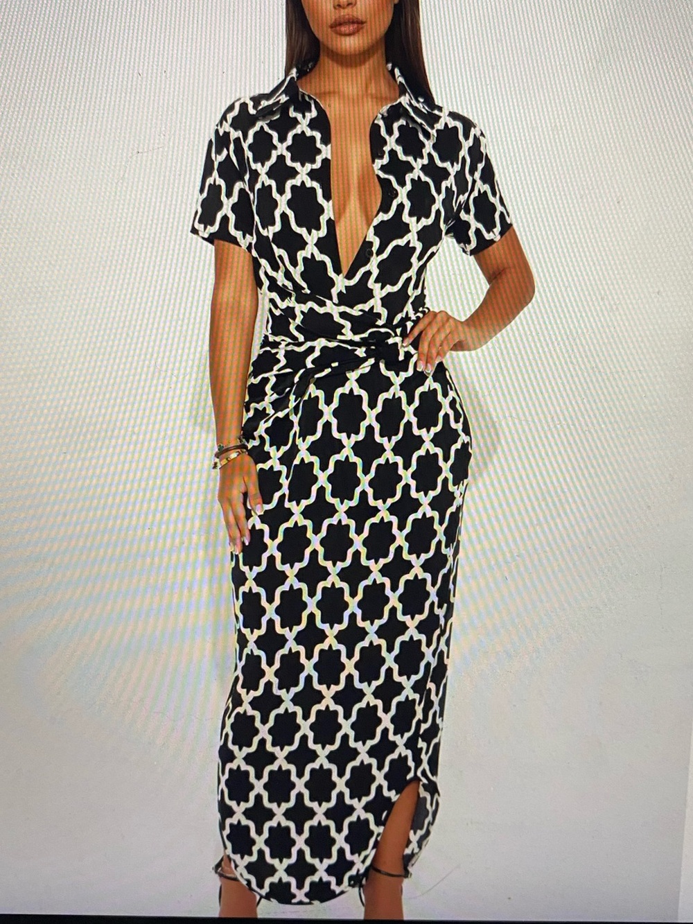 Fashion Nova Black & White Geometric Short-Sleeve Wrap Dress NWT